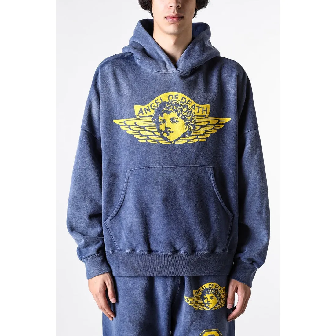 SAINT M×××××× ANGEL HOODIE/NAVY Angel Reborn Blue Hoodie Washed Blue S-XL Assute Garment Dyeing Full Clothes Water Fading Mud Dyeing Dirty Distress New Vintage Ceiling God Tailoring Original Super Loose Fit Customized Original Accessories God-level Print Restoration